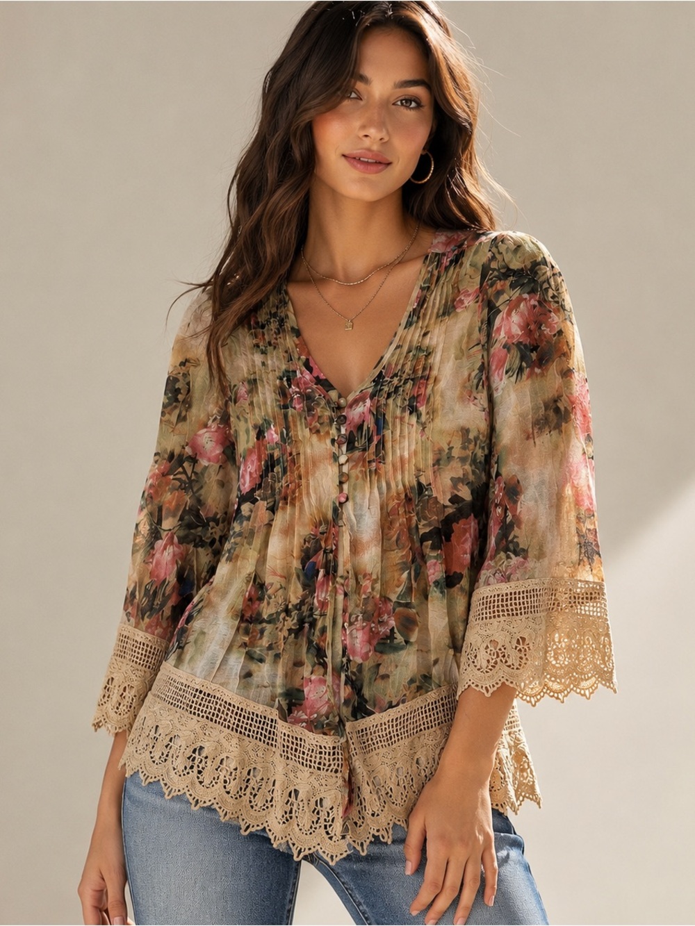 Adiva Floral Lace Trim Boho Blouse Top - Size‎ Small